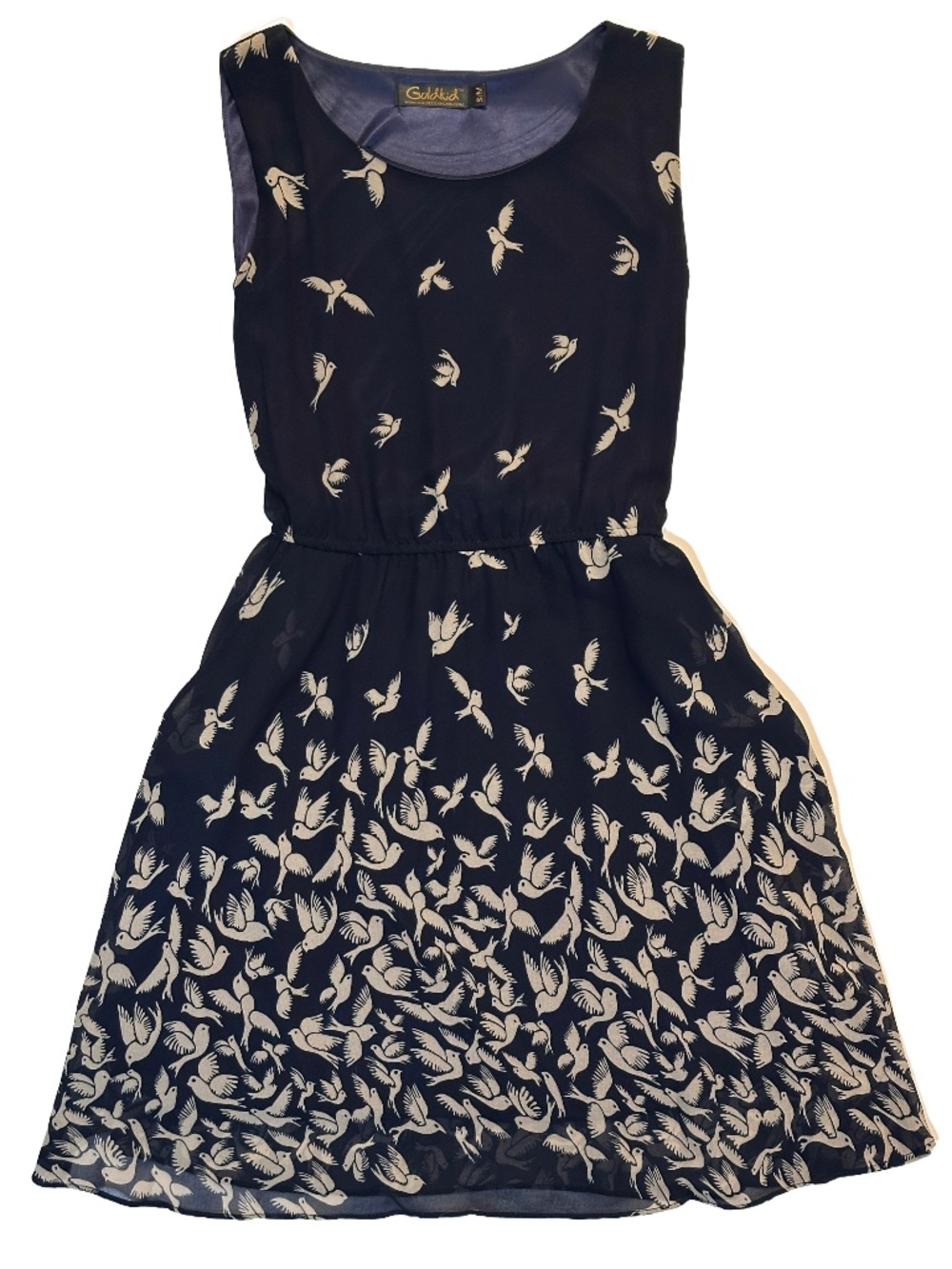 Goldkid London Navy Bird Print Dress Sleeveless Pockets S/M Boutique